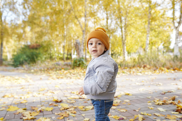 Netter Junge bleibt im Herbst Park im Freien - Foto, Bild