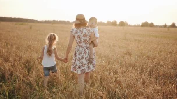 Yazlık elbiseli ve şapkalı bir anne, küçük oğlunu kollarında tutuyor ve en büyük kızını buğday tarlasına doğru götürüyor. Yavaş çekim - Video, Çekim