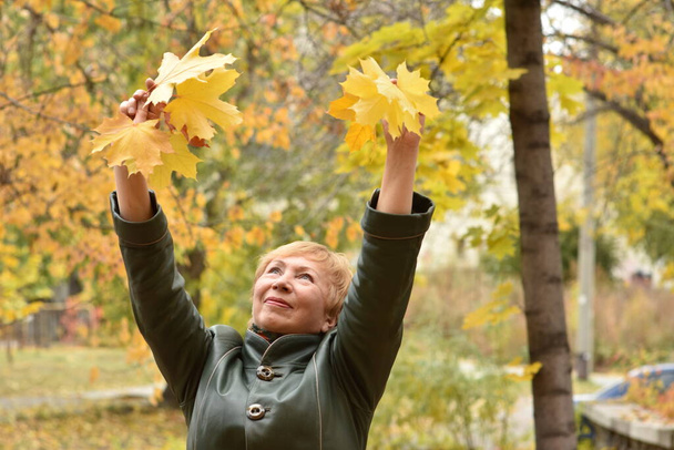 An elderly woman in an autumn park collects a bouquet of yellow maple leaves. Good mood while walking in the fresh air, healthy lifestyle in retirement - Фото, изображение