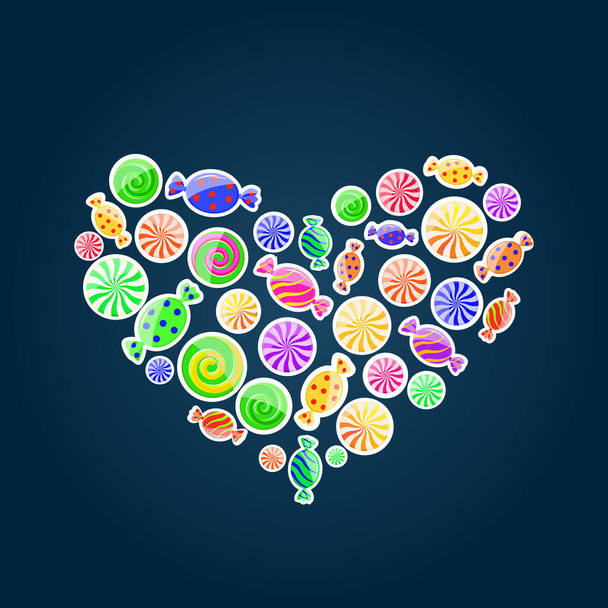 Colorful pattern with sweet candy. Vector illustration in heart shape on dark background. - Vector, imagen