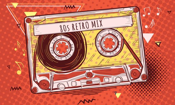 80s retro mix - funky audio cassette, colorful musical design - Wektor, obraz