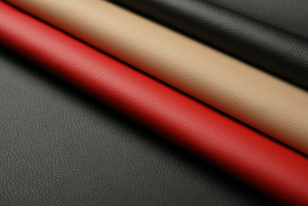 Primer plano de fondo de grano de cuero natural blanco negro, rojo y beige, vista diagonal de ángulo alto - Foto, imagen