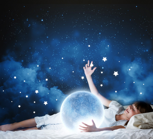 Girl lying in bed with moon - Foto, Imagen