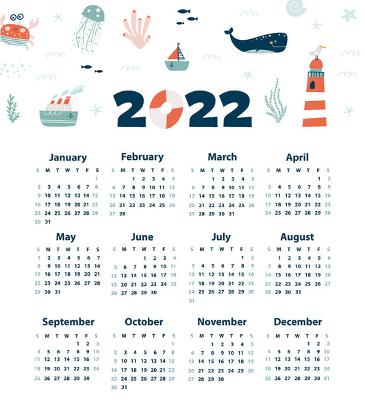 Calendar 2022 with marine animal. Hand drawn vector illustration - Vector, Image