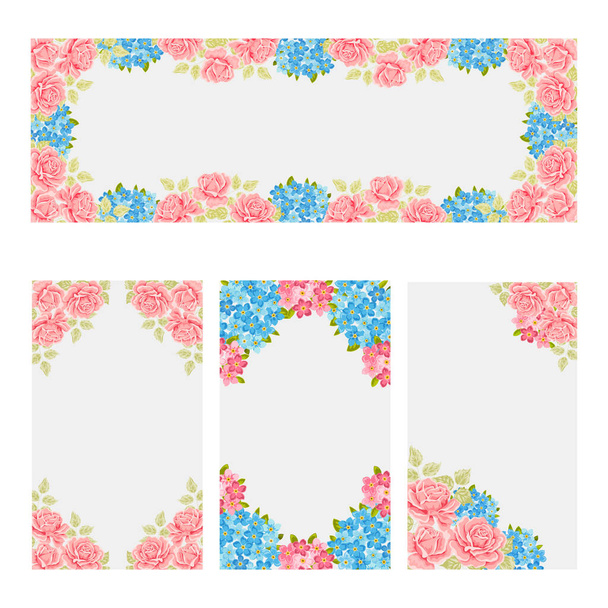 Floral Banners set with pink roses blue flowers. Vector illustration. - Vetor, Imagem