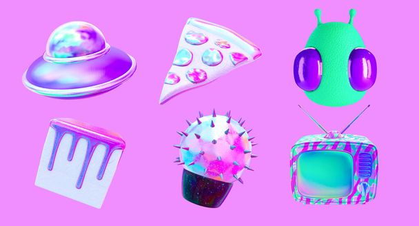 3d render sticker set creative funny Aliens and stylish objects . Cosmic trendy vibes - 写真・画像