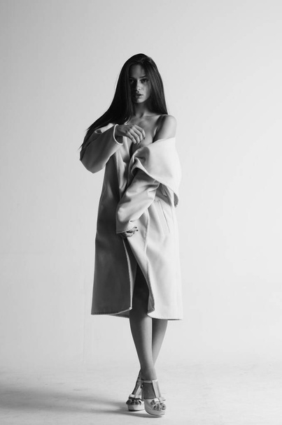 la donna bruna sexy vestita con una pelliccia, foto in bianco e nero - Foto, immagini