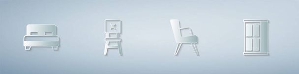 Установите большую кровать, стул, кресло и шкаф. Бумажный стиль. Вектор - Вектор,изображение