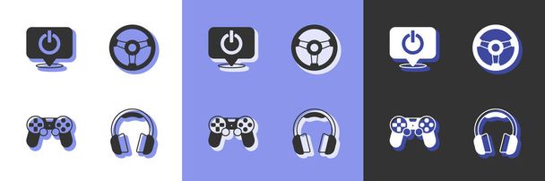 Ορισμός ακουστικά, Power button, χειριστήριο παιχνιδιού ή joystick και Racing εικονίδιο προσομοιωτή. Διάνυσμα - Διάνυσμα, εικόνα