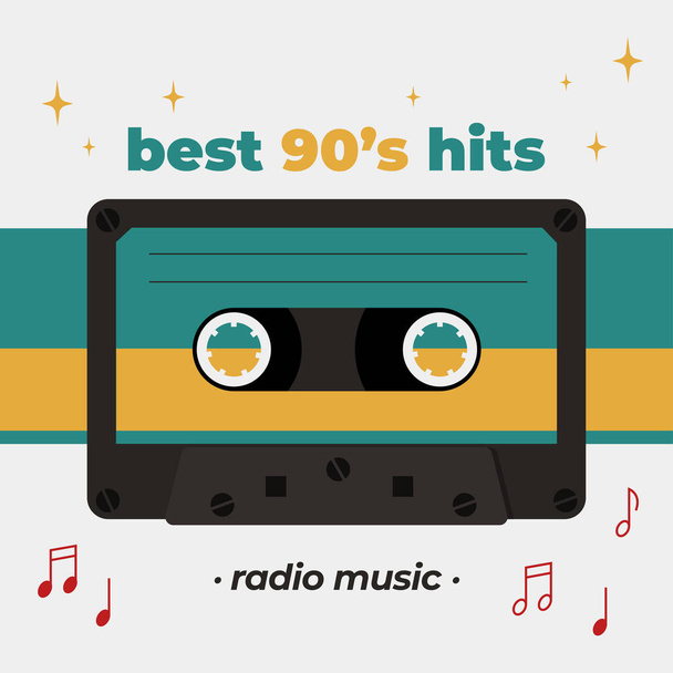 Best 90 s hits poster with compact cassette image. Vector retro style illustration - Vector, Image