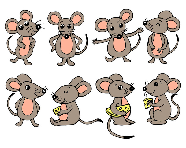 ilustrace, sada ručně kreslených legračně šedorůžových myší, potisk pro děti, textil, tapety - Vektor, obrázek