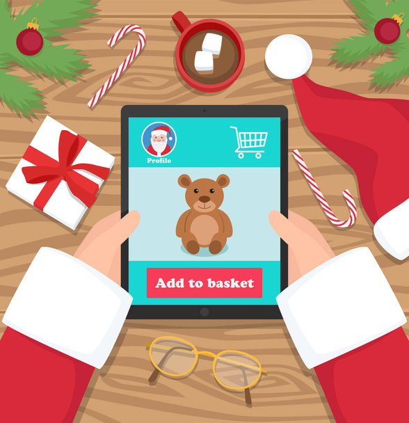Joulupukki ostaa lahjoja lapsille hänen tabletti - tasainen muotoilu vektori kuva - Vektori, kuva