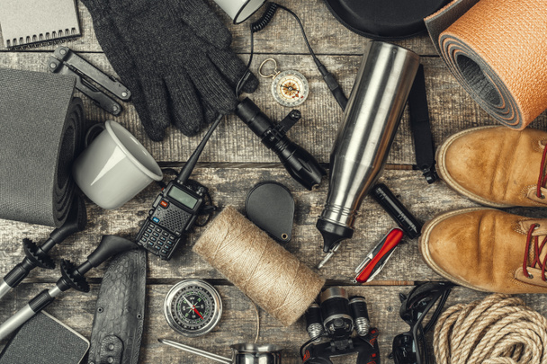 travel hiking equipment tools, view from above - Valokuva, kuva