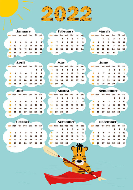 Календарь 2022 с симпатичным тигром. Формат А4, календарь на 12 месяцев Векторная иллюстрация - Вектор,изображение
