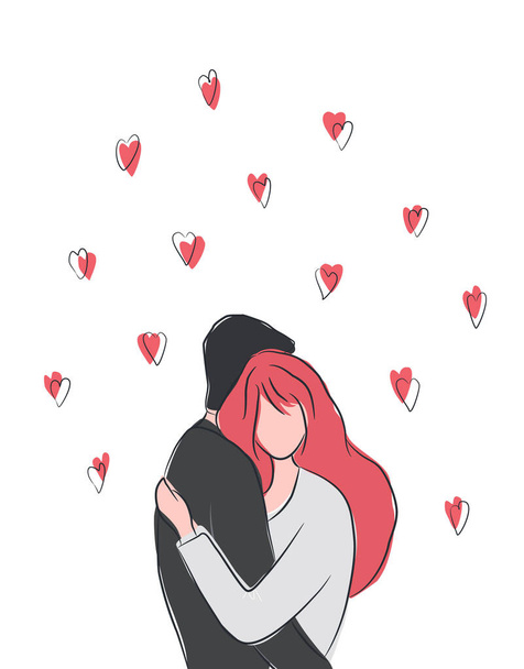 Иллюстрация ко Дню Святого Валентина. Любящая пара обнимает. Молодой человек и молодая женщина в окружении сердец. Романтическая открытка. Векторная иллюстрация - Вектор,изображение