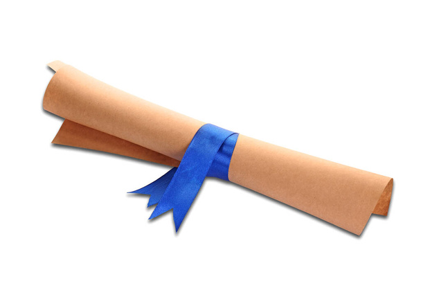 Rolled student's diploma with blue ribbon isolated on white - Foto, immagini