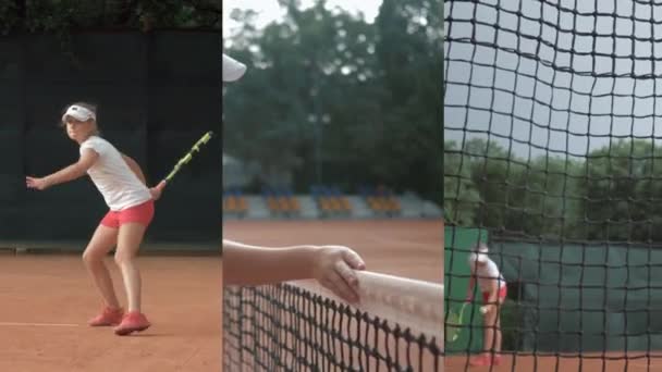 Коллаж, активная девушка в спортивной форме с ракеткой в руках играет большой теннис на корте - Кадры, видео