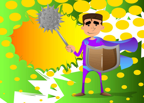 Divertido hombre de dibujos animados vestido como un superhéroe sosteniendo una maza de púas y escudo. Ilustración vectorial. - Vector, imagen