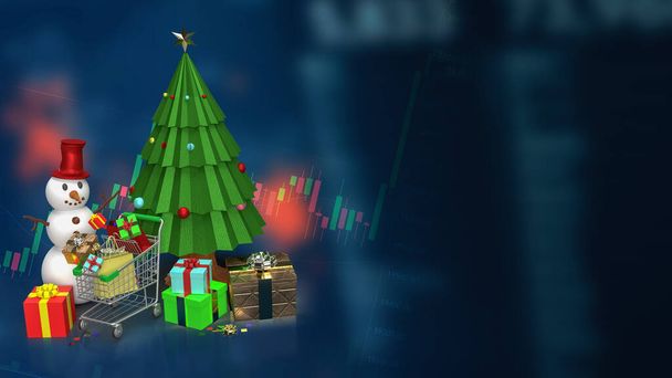 Christmas tree and shopping cart on business chart background  3d rendering - Fotó, kép