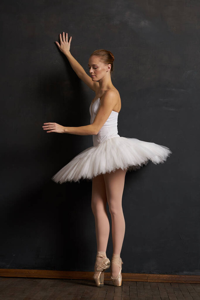 woman ballerina in a white tutu dance posing performance dark background - 写真・画像