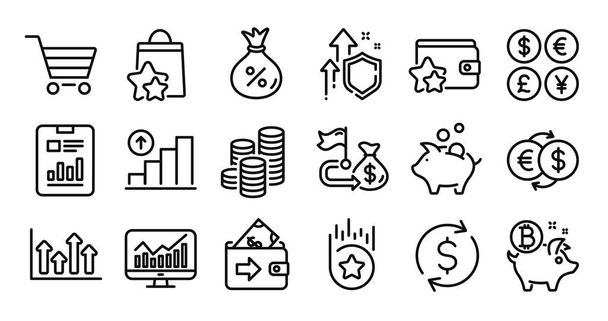 Bitcoin coin, Loyalty star and Dollar exchange line icons set. Secure shield and Money currency exchange. Wallet, Upper arrows and Market sale icons. Coins, Piggy bank and Graph chart signs. Vector - Vecteur, image