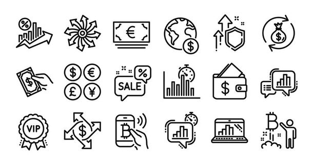 Discounts bubble, Graph laptop and Statistics timer line icons set. Secure shield and Money currency exchange. Money exchange, Graph chart and Bitcoin pay icons. Vector - Vektör, Görsel