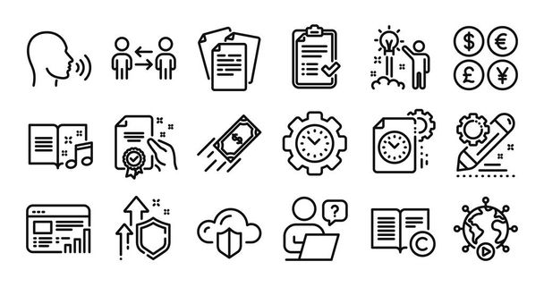 Online question, Certificate and Project edit line icons set. Secure shield and Money currency exchange. Project deadline, Teamwork business and Human sing icons. Vector - Vettoriali, immagini