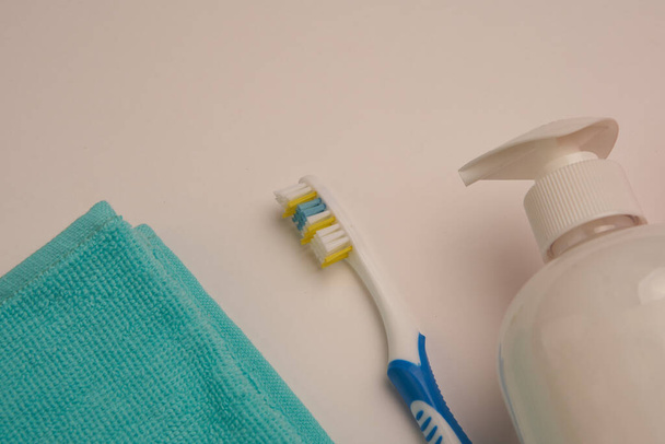 bathroom items hygiene care toothbrush light background - Photo, image