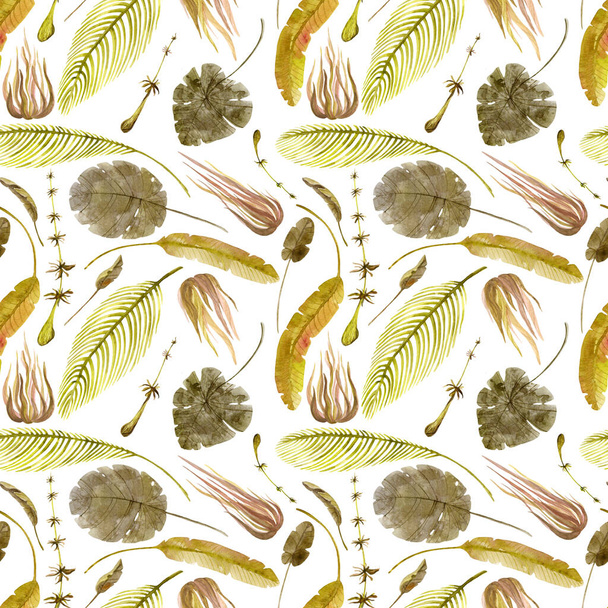 Seamless pattern ancient plants on white. Watercolor ferns, palm leaves, equisetums, monstera. Wallpaper, background - Foto, Imagen