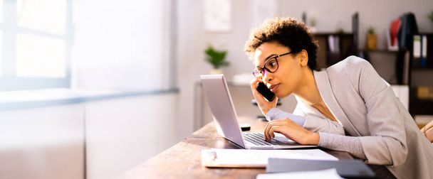African Woman Bad Posture Working Typing At Desk - Photo, Image