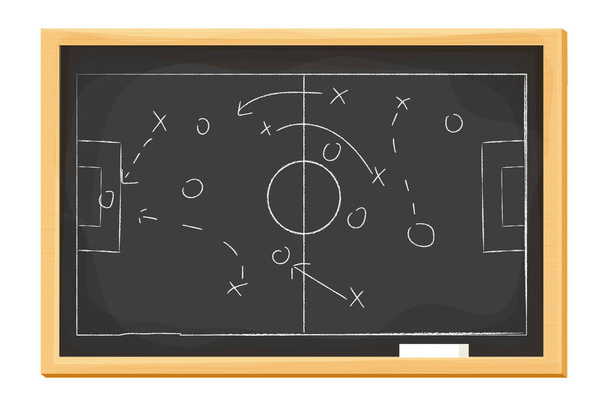 Fútbol, esquema táctico del juego de fútbol, estrategia con jugadores de fútbol y flechas en pizarra negra en estilo de dibujos animados aislados sobre fondo blanco. Combinación de equipo, plan de juego. .. Ilustración vectorial - Vector, imagen