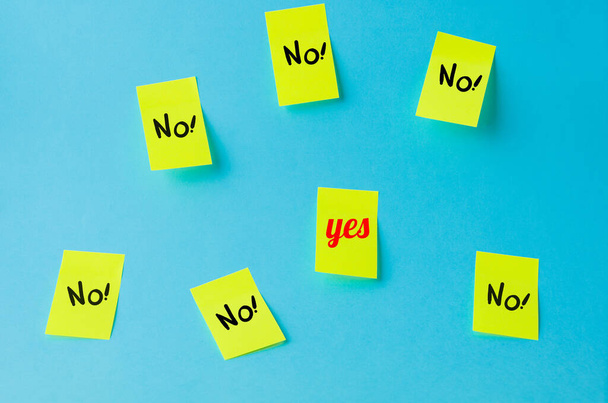 A blue background with yellow post it notes with yes and no - 写真・画像