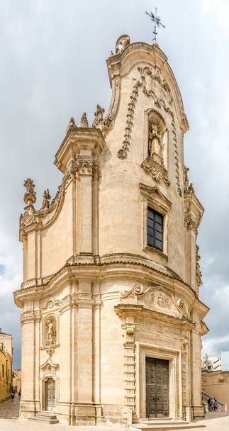 MATERA,ITALY - SEPTEMBER 5,2021 - View at the Purgatory church in the streets of Matera. Matera is a city in the region of Basilicata, in Southern Italy. - Photo, image