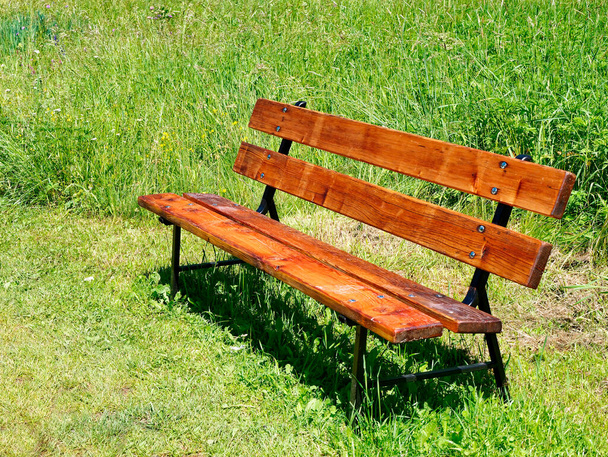 夏の公園の空き木のベンチ - 写真・画像