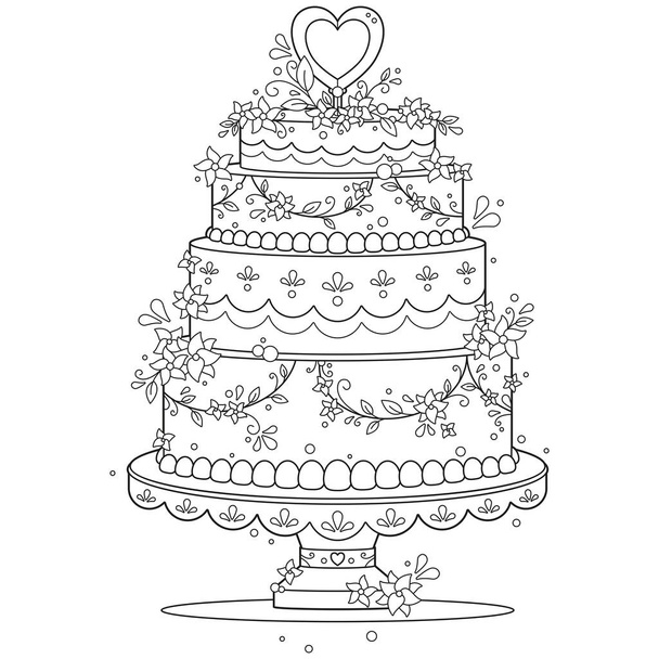 Black and white adult coloring page of decorative romantic wedding cake with flowers and a heart - Vector, Image