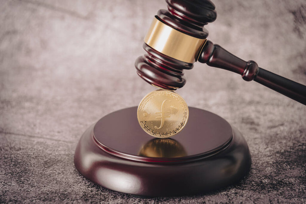 Judges gavel holding a descriptive cryptocurrency coin. - Photo, Image