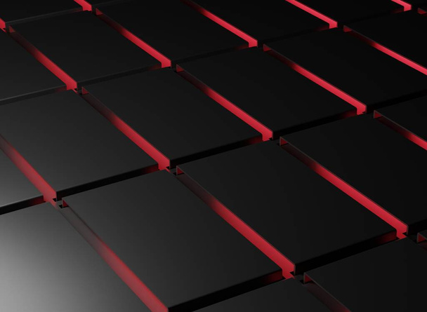 Металлическая квадратная форма с красным освещением в темной сцене 3D рендеринг абстрактных обоев - Фото, изображение