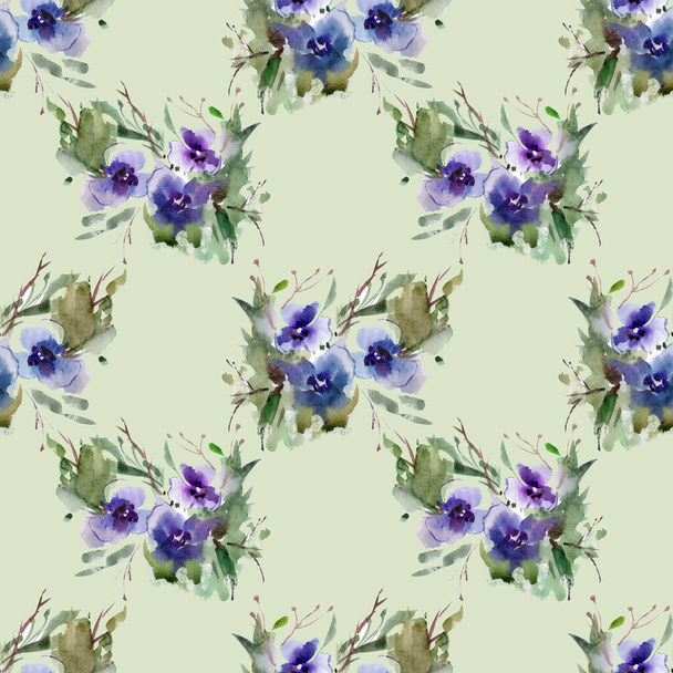 Watercolor seamless pattern with blue flowers. - Photo, Image