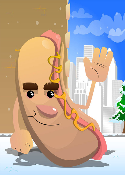 Hot Dog con la mano che saluta. Fast food americano come personaggio dei cartoni animati con volto. - Vettoriali, immagini