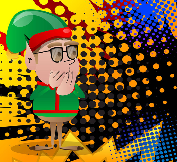 Weihnachtselfe mit den Händen über dem Mund. Vektor-Zeichentrickfigur Illustration des kleinen Arbeiters des Weihnachtsmannes, Helfer. - Vektor, Bild