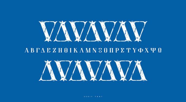 Grieks decoratieve serif lettertype. Brieven met vintage textuur voor logo en label design. Witte print op blauwe achtergrond - Vector, afbeelding