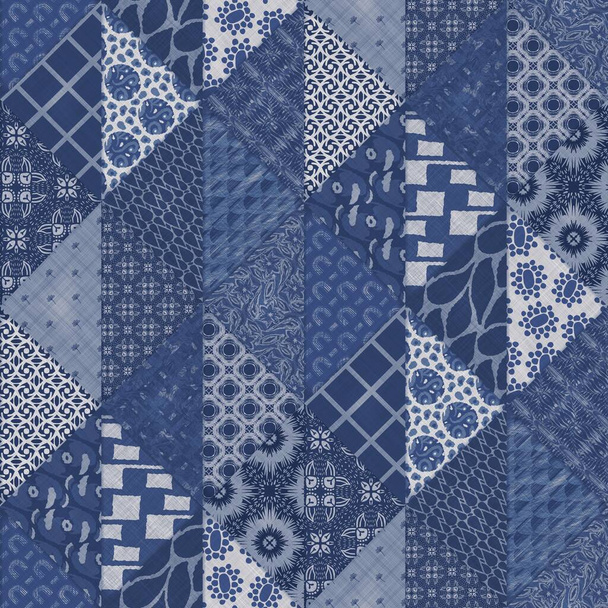 Denim western blue patchwork triangle woven texture. Indigo vintage wash printed cotton textile effect. Patched jean home decor background. Boho bandana quilt stitch allover fabric print material. - Photo, Image
