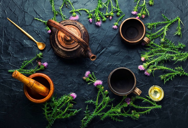 Τσαγιέρα με φαρμακευτικό άγριο βοτανικό τσάι. Γάλα γαϊδουράγκαθο ή Silybum marianum στην βοτανική ιατρική - Φωτογραφία, εικόνα