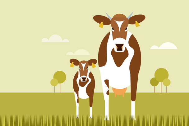 Illustration of a cow and a calf standing on a grassy field - Vector, Image