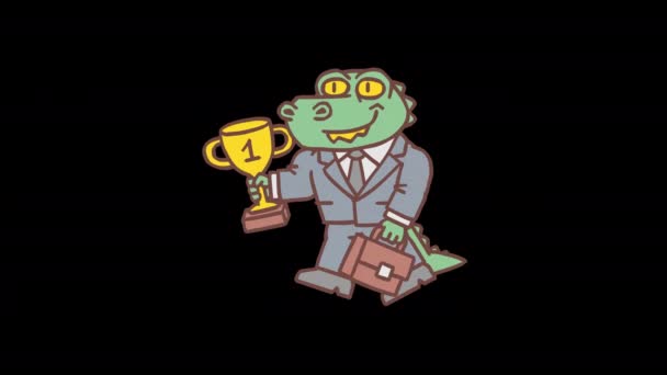 Alligator holding gold cup holding suitcase and walking. Frame by frame animation. Alpha channel. Looped animation - Footage, Video