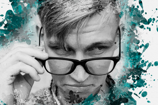 Portrait of a young man looking over his glasses. Monochrome portrait of a male amidst stains and splashes of turquoise paint. Digital watercolor painting. - Photo, Image