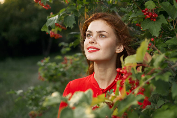 cheerful woman in a red shirt bush berries countryside - Photo, image