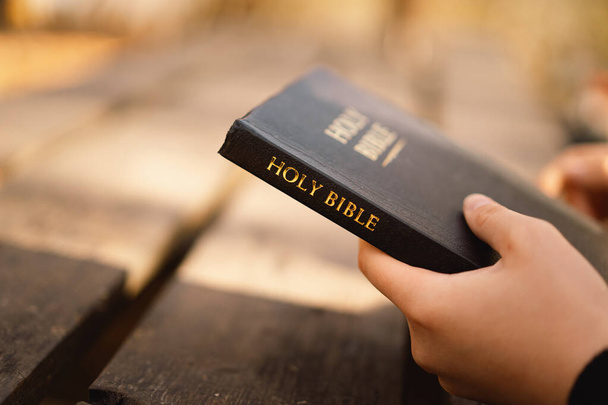 Christian adolescente menina segura bíblia em suas mãos. Lendo a Bíblia Sagrada. Conceito de fé - Foto, Imagem
