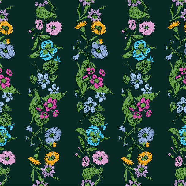 Απρόσκοπτη μοτίβο από διάφορα ζωγραφισμένα λεπτά λουλούδια σε σειρές - Διάνυσμα, εικόνα