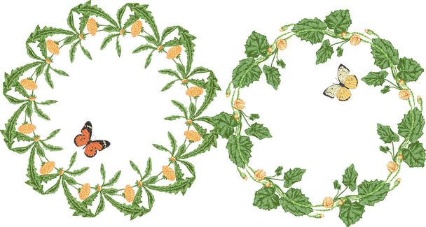 Imagen vectorial de coronas florales de dientes de león amarillos dibujados con mariposas voladoras - Vector, imagen